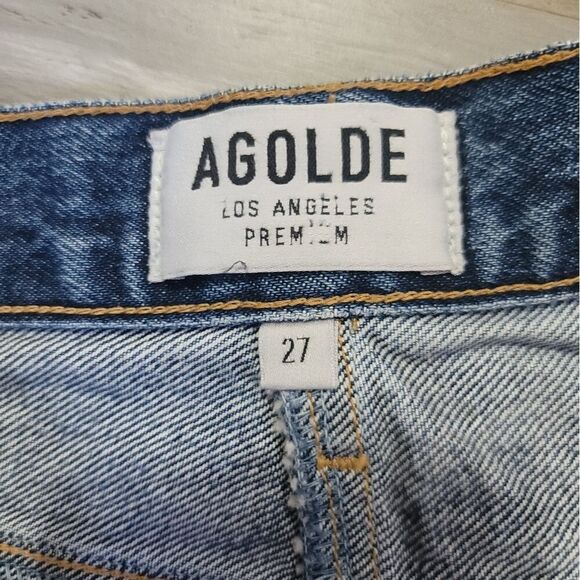 Agolde Quinn High Rise Distressed Denim Mini Skirt Size 27 - Picture 5 of 7